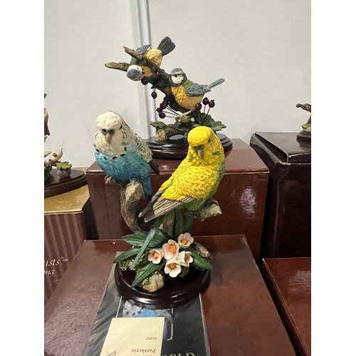 73 - 6 Boxed country artists sculptures to include Parakeets, Bluetits etc.