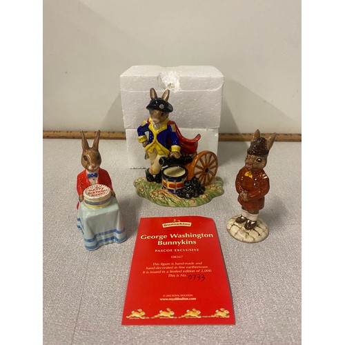 299 - 3 Royal Doulton Bunnykins Figures - Gerorge Washington (with certificate), Happy Birthday Bunnykin a... 