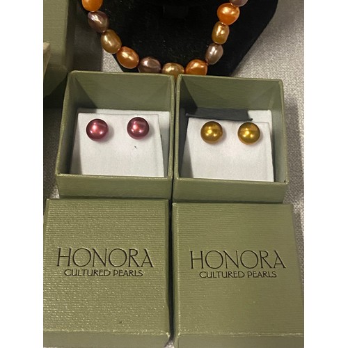 372 - Honora pearl necklace new with box and bag along with 2 sets of boxed Honora cultured pearl earrings... 