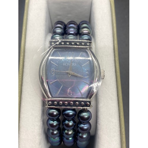 376 - New boxed Honora Pearl wrist watch and new boxed Honora cultured pearl earrings.