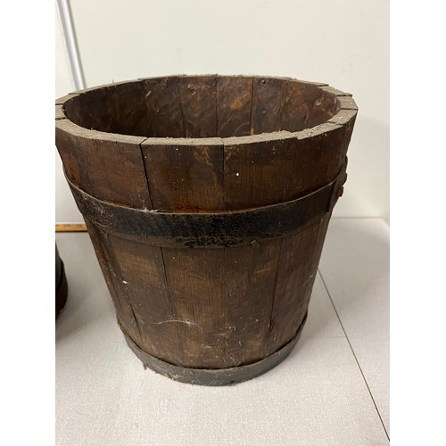 13 - Pair of antique oak barrel/planters with metal banding 33cm h 
Diameter 33cm