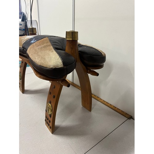 23 - Vintage Egyptian folding camel stool with leather & camel skin cushion & brass detail.