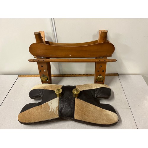 23 - Vintage Egyptian folding camel stool with leather & camel skin cushion & brass detail.