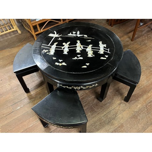 66 - a Chinese lacquered & mother of pearl tea table with 4 stools and glass top.