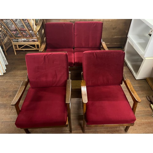 155 - mid century Centa retro sofa & two chairs with red upholstered cushions