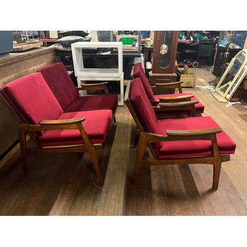 155 - mid century Centa retro sofa & two chairs with red upholstered cushions