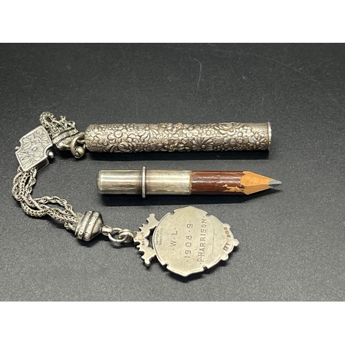 49 - Silver pencil holder along with silver & rose gold fob (1908)