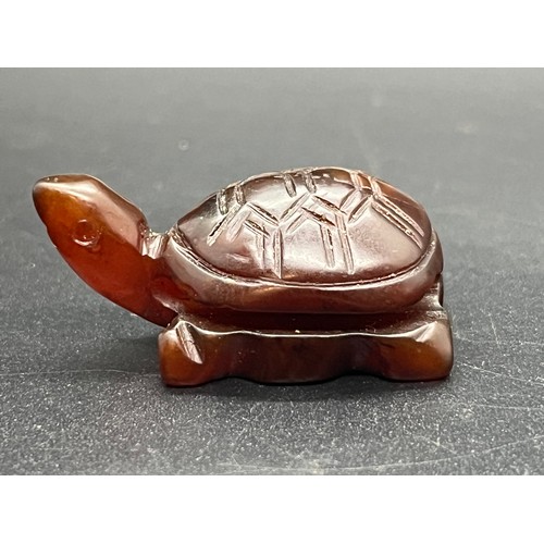 91 - Miniature carved jade inro turtle signed.