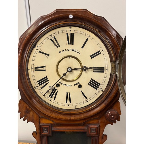 116 - Antique mahogany drop wall clock with roman numerals by W.H. Lerwell Newport with pendulum & key wor... 