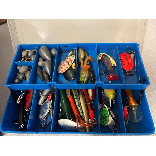 181 - Box of fly tying materials, lures & fishing reels to include Daiwa & shakespeare.