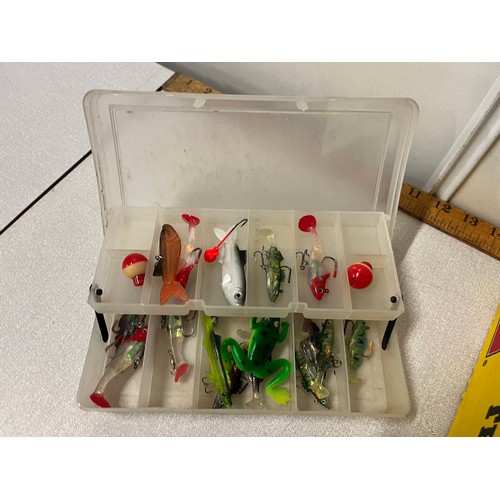 182 - Box of fishing lures, assorted tackle & reels to include Zebco & Crivit etc.