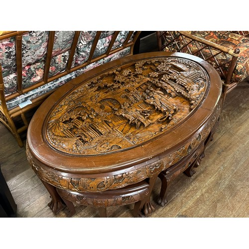 43 - Oriental highly carved oval coffee table with glass top protector & 6 stools.
table 120cm x 53cm