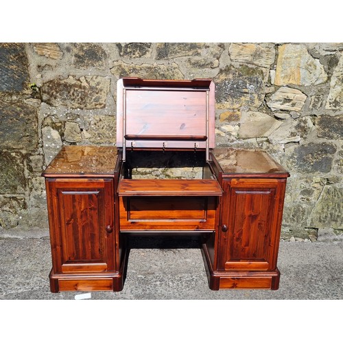 146 - Solid wood desk with pull out shelves & glass top protectors. 1.35 metres