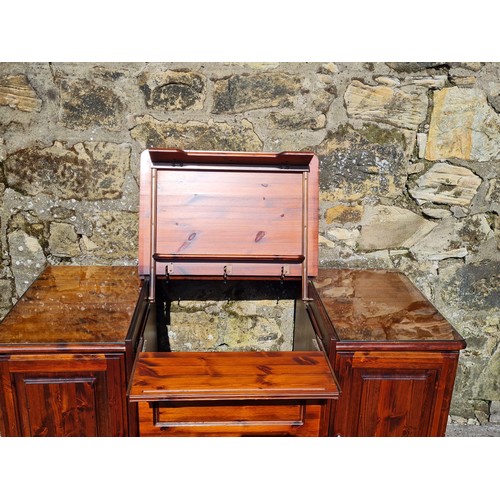 146 - Solid wood desk with pull out shelves & glass top protectors. 1.35 metres