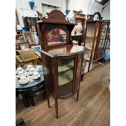 188 - Antique Edwardian inlaid bow fronted display cabinet with mirrored gallery on top. 60 x 22 inches