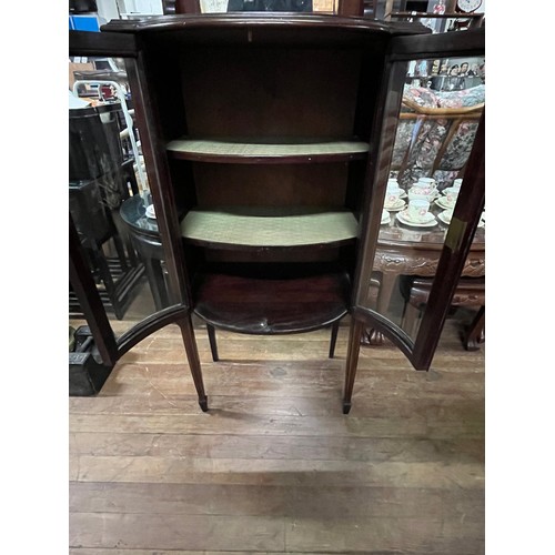 188 - Antique Edwardian inlaid bow fronted display cabinet with mirrored gallery on top. 60 x 22 inches