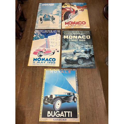 298 - selection of vintage christies posters cards advertising bugatti, Ferrari & Maserati etc