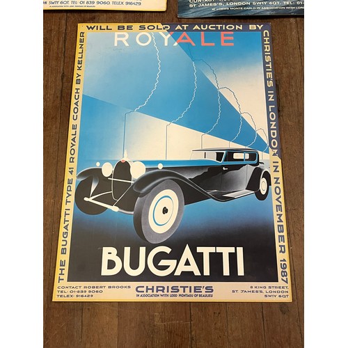 298 - selection of vintage christies posters cards advertising bugatti, Ferrari & Maserati etc