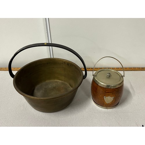 399 - vintage brass jelly pan along with wood & metal ice bucket