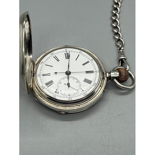 406 - Silver hallmarked pocket watch (working) with Roman numeral face, by W Beech and company (stop butto... 