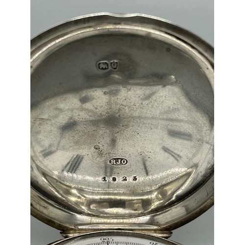 406 - Silver hallmarked pocket watch (working) with Roman numeral face, by W Beech and company (stop butto... 