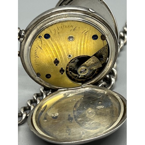 406 - Silver hallmarked pocket watch (working) with Roman numeral face, by W Beech and company (stop butto... 