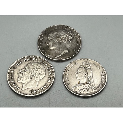 415 - 3 silver coins to include Victoria 1889 double Florin, Victoria 1845 crown and 1935 crown. 78.85g