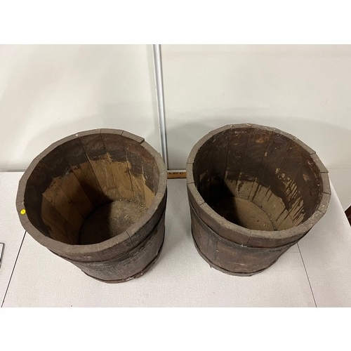 13 - Pair of antique oak barrel/planters with metal banding 33cm h 
Diameter 33cm