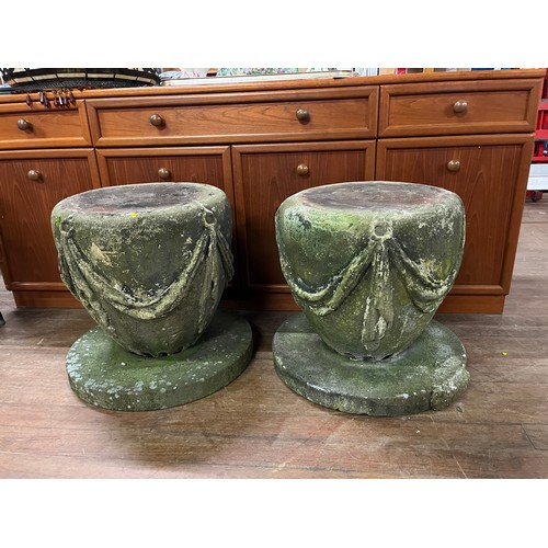 121 - Pair of extremely heavy stone plinths with draping detail & stands from 'The Linen Bank' now Halifax... 