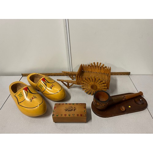 311 - selection of wooden items to include clogs & musical box etc