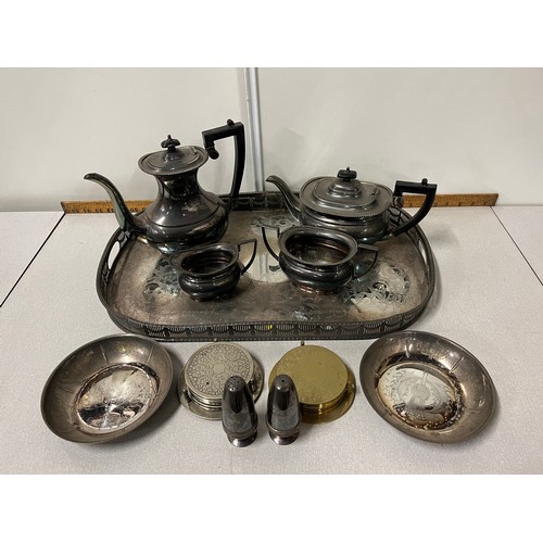 312 - sheffield plate 4 piece tea set along with viners tray & thistle dishes etc