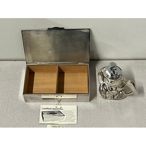 4 - Viners silver plated Lord Pams cigarette box 7.5inches long along with Viners golfer lighter.