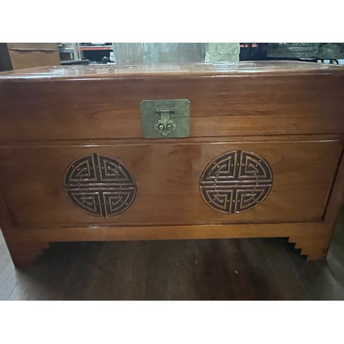 116 - Large carved camphor wood chest with insert & lock
40