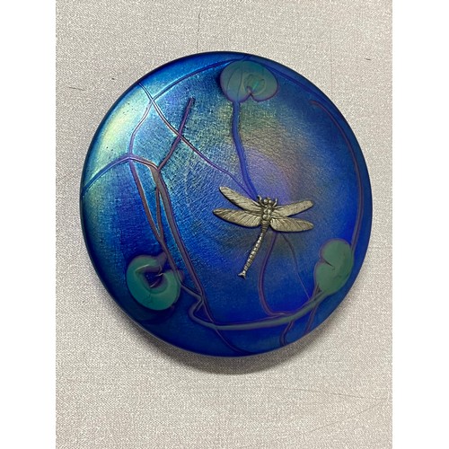 76 - Large glass form iridescent lily pad paperweight with dragonfly 6 inches diameter