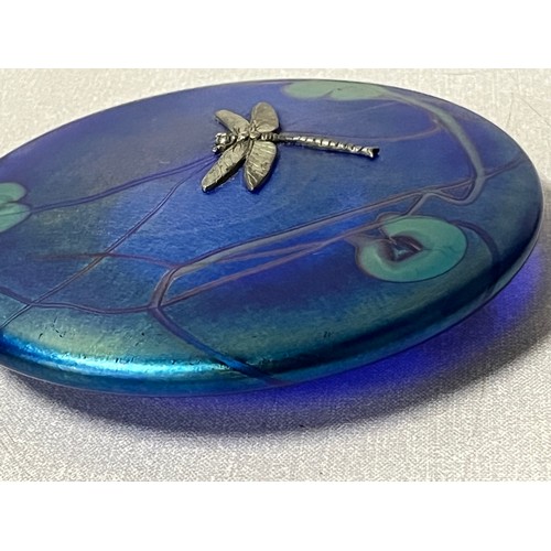 76 - Large glass form iridescent lily pad paperweight with dragonfly 6 inches diameter