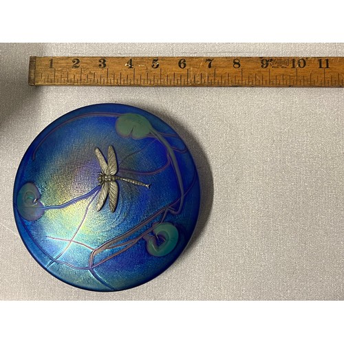 76 - Large glass form iridescent lily pad paperweight with dragonfly 6 inches diameter