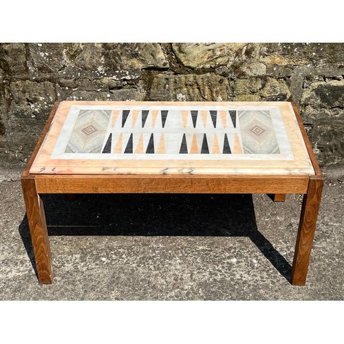 54 - Oak framed, heavy marble top backgammon table. 
37