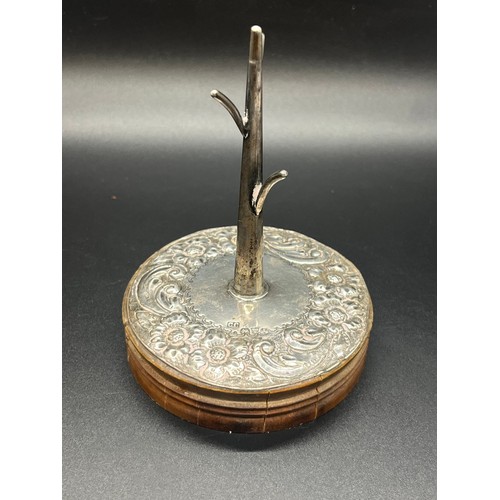 45 - Silver hallmarked ring holder on wooden base.