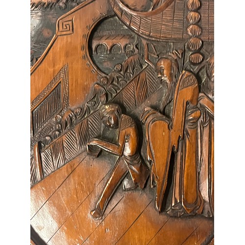 64 - Carved wooden wall plaque depicting dynasty palace people
13