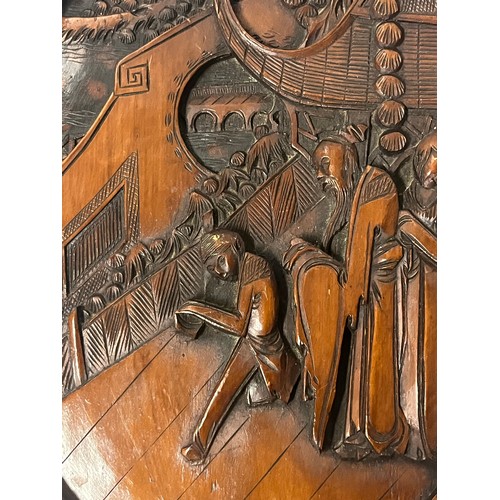 64 - Carved wooden wall plaque depicting dynasty palace people
13