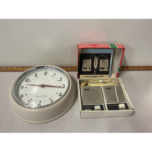 147 - Vintage Sterling & noble wall clock along with Vintage boxed intercom baby alarm.