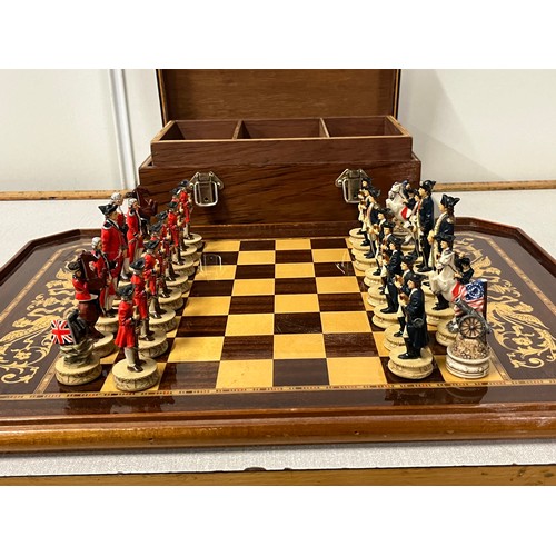 90 - American revolution hand painted chess set with box & chess tray. 21