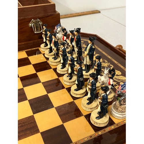 90 - American revolution hand painted chess set with box & chess tray. 21