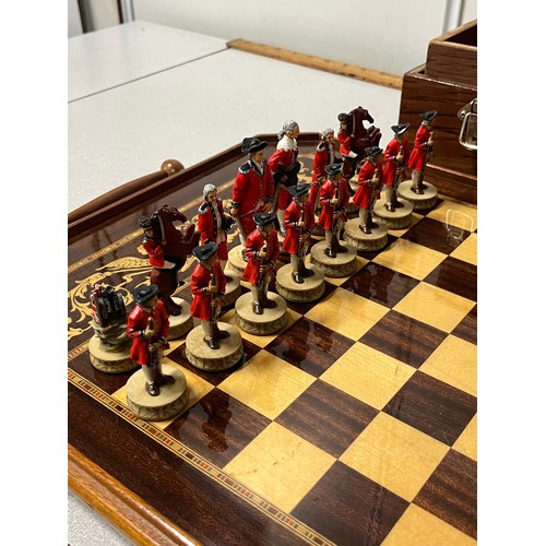 90 - American revolution hand painted chess set with box & chess tray. 21