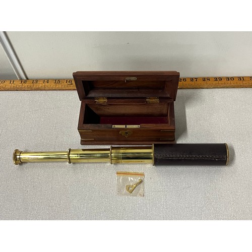 159 - 3 pull telescope in wooden bow with brass inlay.