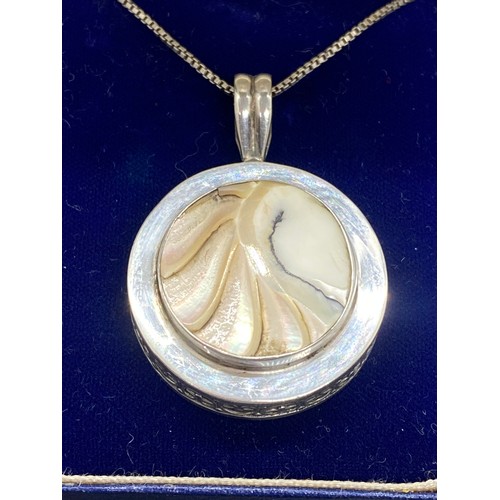 31 - Large silver and abalone pendant with chain. (unmarked)