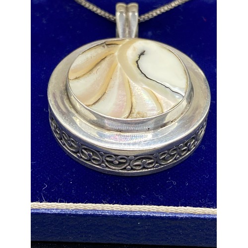 31 - Large silver and abalone pendant with chain. (unmarked)