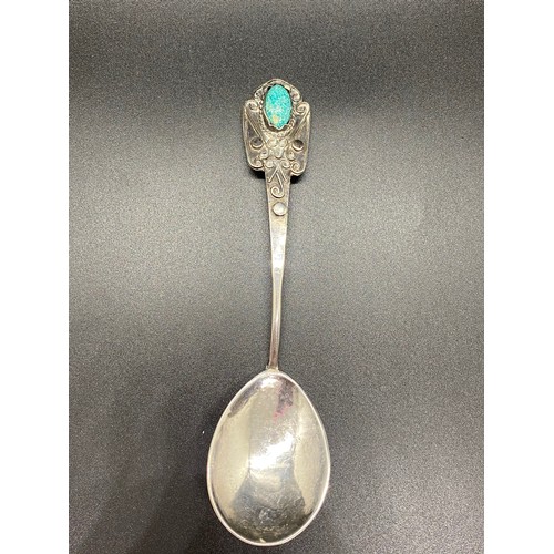 35 - Hallmarked silver spoon with turquoise stone along with hallmarked silver fork.