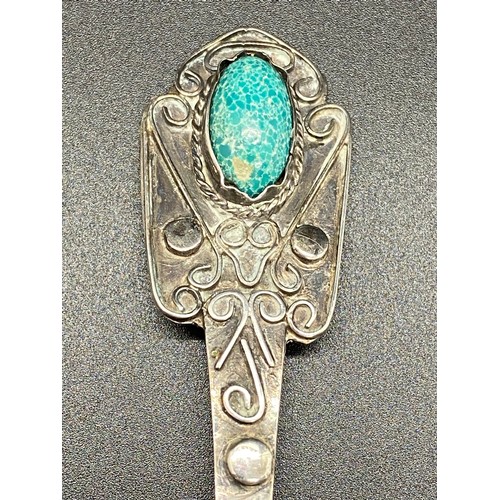 35 - Hallmarked silver spoon with turquoise stone along with hallmarked silver fork.