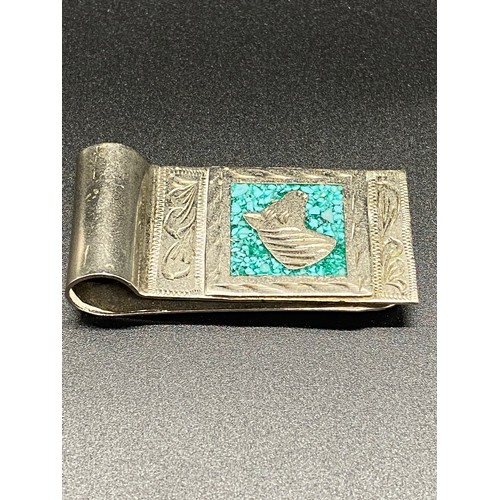 36 - Mexican silver and turquoise money clip with Alpaca decoration.